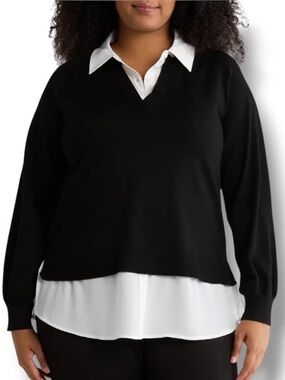 Anne Klein Women’s White Collared Black V-Neck Preppy Fashion Sweater